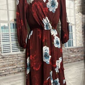 Tracy Reese Burgundy and Blue Floral Long Sleeve Dress